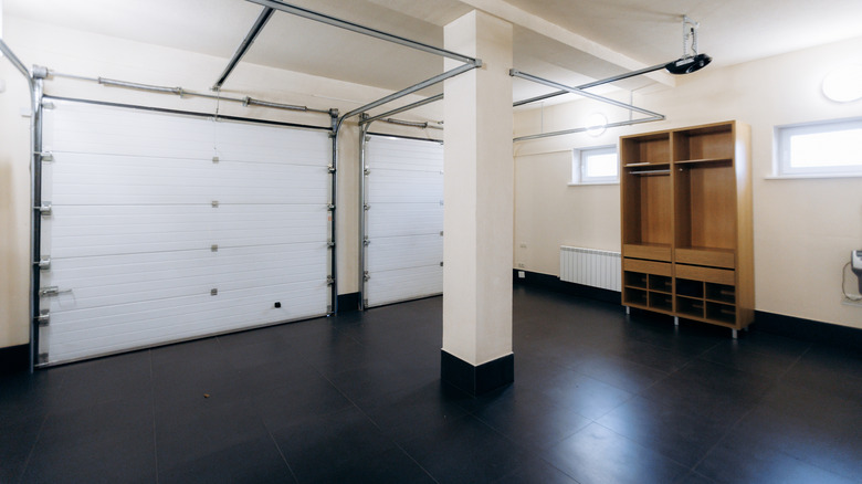 Interior of renovated garage with epoxy floors