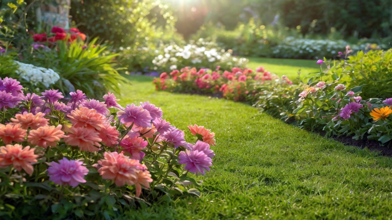 colorful garden with lawn and flowering groundcover plants