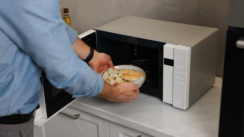 Man putting plate with lunch into microwave