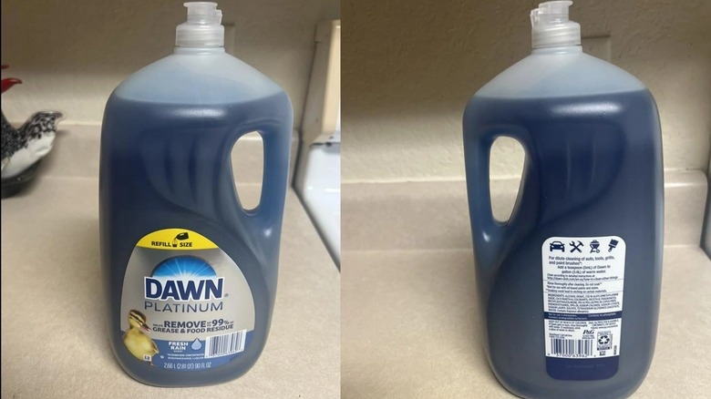 Front and back of Dawn platinum dish soap jug on beige countertop