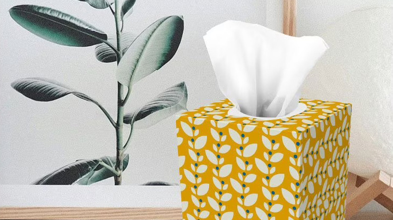 White and yellow floral patterned facial tissue box in stylish room