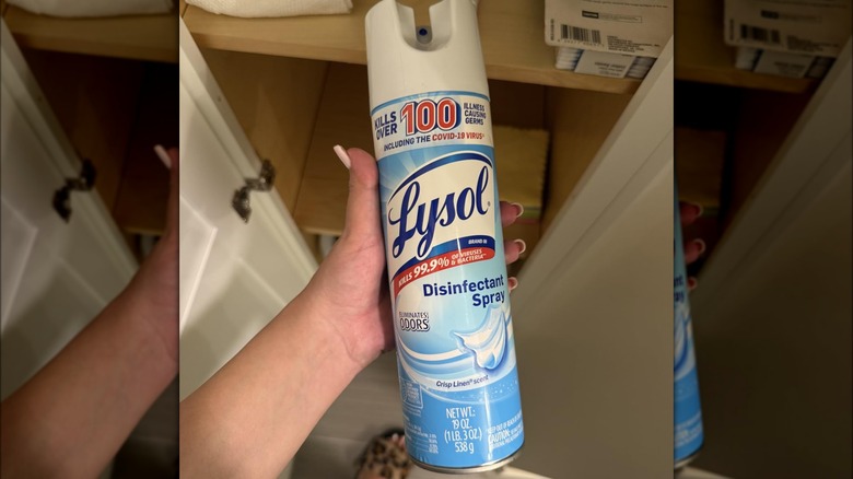 Woman with manicured hands holding Lysol Disinfectant Spray with crisp linen scent