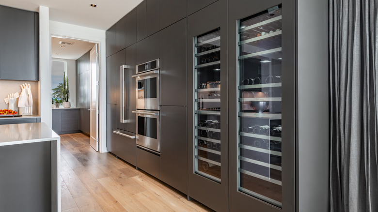 Modern kitchen with charcoal grey wall and built in stainless steel ovens and wine coolers