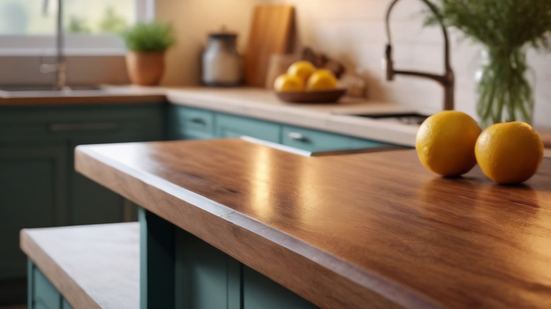 Dark wood counter with green cabinets and wood accents