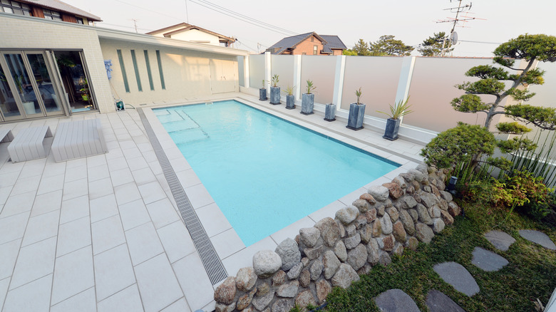 Rectangular swimming pool in the backyard
