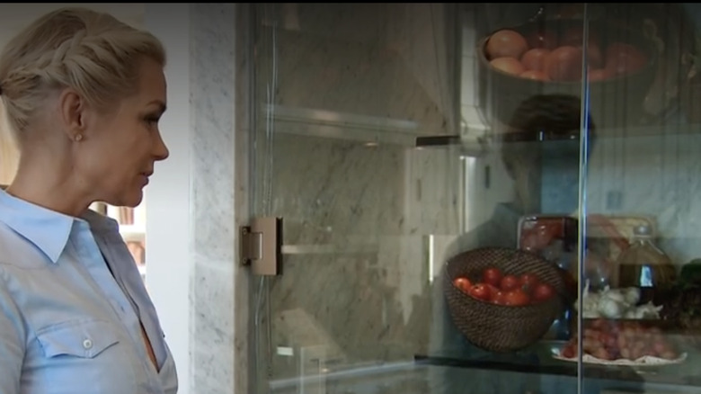yolanda hadid looking at glass fridge