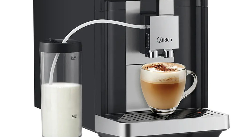 The Midea 10-in-1 Fully Automatic Espresso Machine with two brewed drinks against a white background