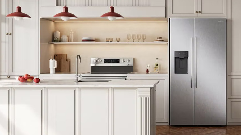 The Mora 29.1 cu. ft. Side-by-Side Refrigerator in a kitchen with an island