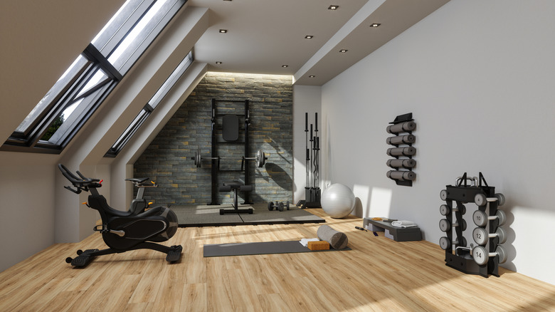 Home gym in an attic with sunroofs and PVC flooring