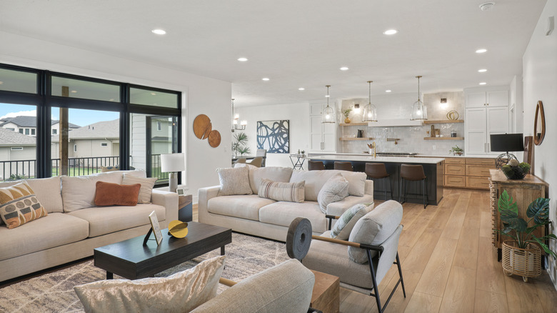 An open floor plan with a spacious living and dining space