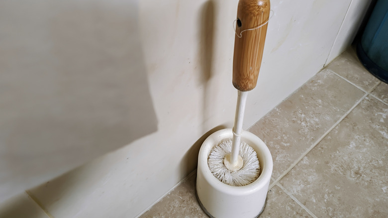 Toilet brush in a holder next to the toilet