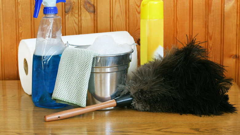 A spray bottle, tissue, metal bucket with rag and soapy water, cleaning spray, and ostrich feather placed together