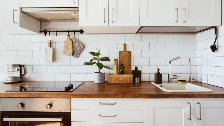 farmhouse kitchen with wood butcher block counters