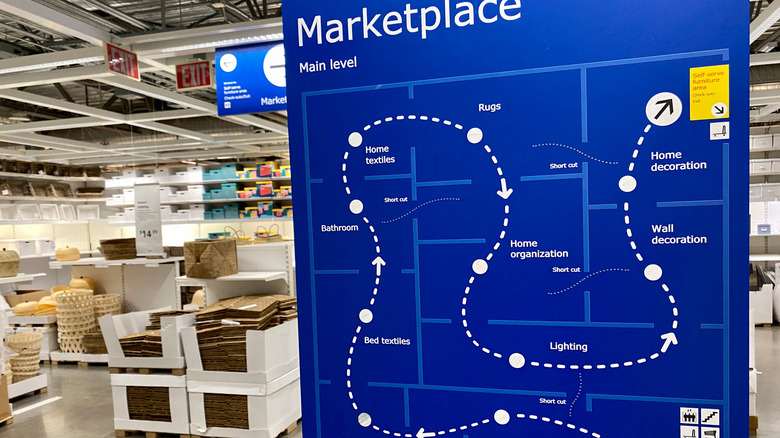 IKEA store map with the main path shown as dotted lines and smaller short cuts added