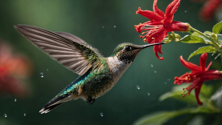 a hummingbird hovering near red flowers