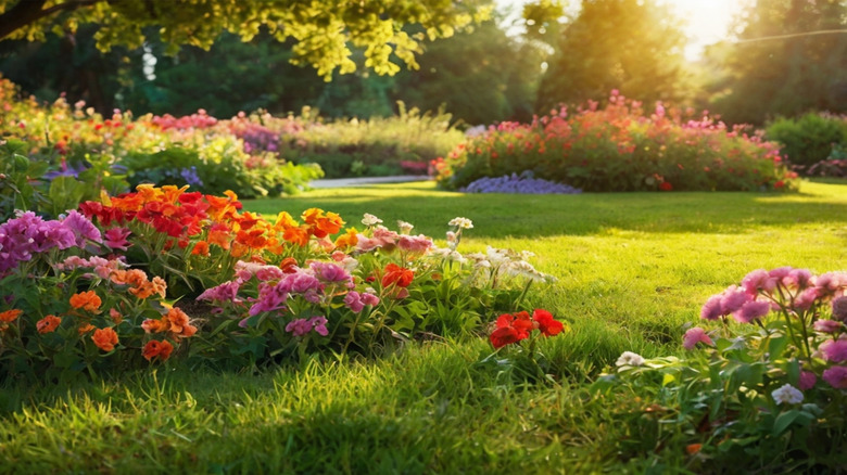 a yard filled with colorful flowers