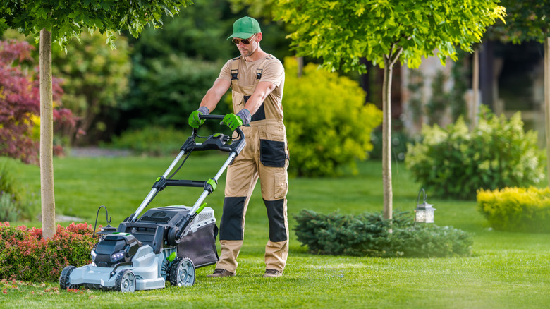 A professional landscaper mowing a lawn