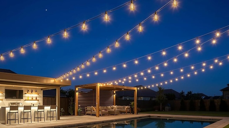Brightown's Solar String Lights, strung over an outdoor pool