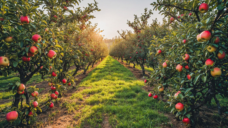 Rows of apple trees with the glow of the sun in the distance