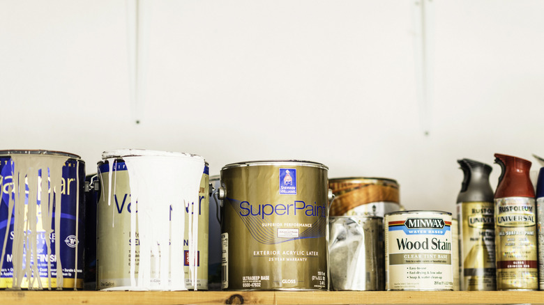 An assortment of paints on a shelf
