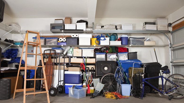 Cluttered garage shelves