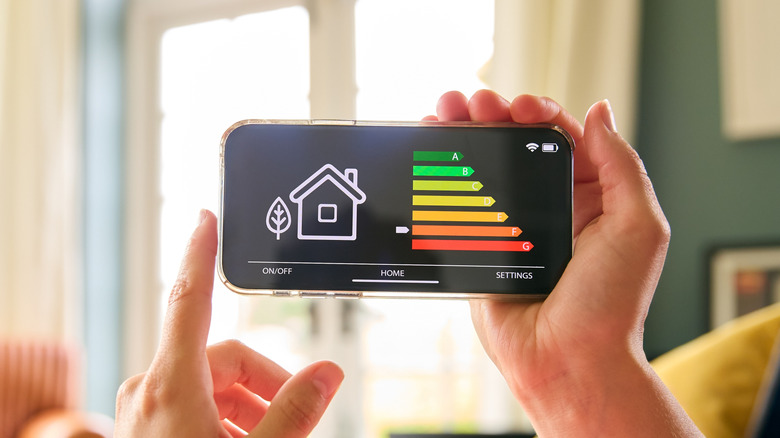 Close-up of a person reviewing energy efficiency ratings on a smart device
