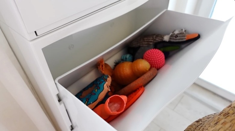 Pet toys in a tilt out cabinet