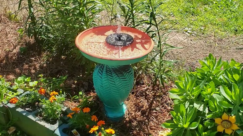 DIY bird fountain made from a thrifted lamp and plant tray