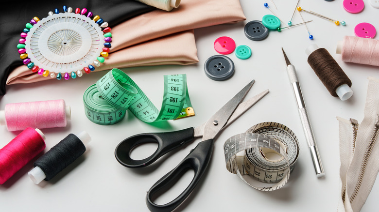 Crafting and sewing materials on tabletop