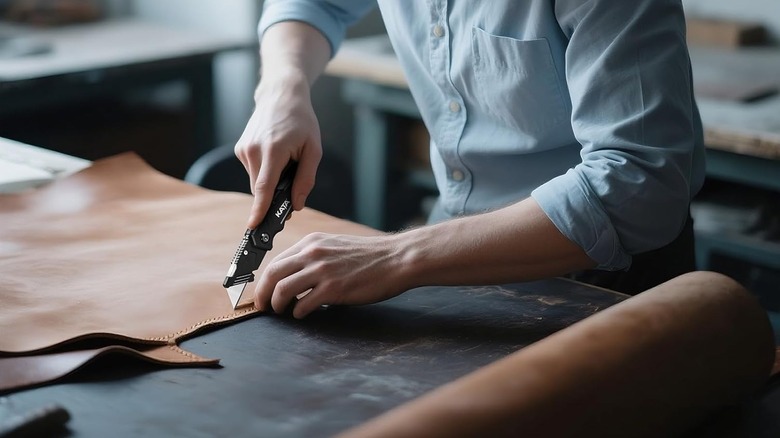 Man slicing leather with boxcutter