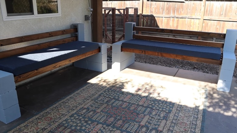cinder block bench in backyard