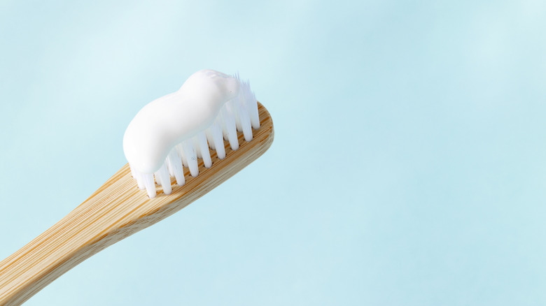 Toothpaste on a bamboo toothbrush