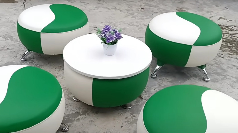 Retro green and white stools made with retro leather fabric and tires