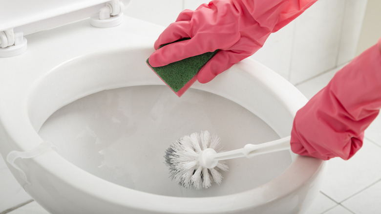 Hands wearing pink gloves scrubbing a toilet
