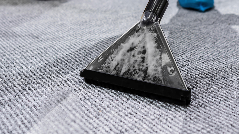 A carpet cleaning tool suctioning shampoo