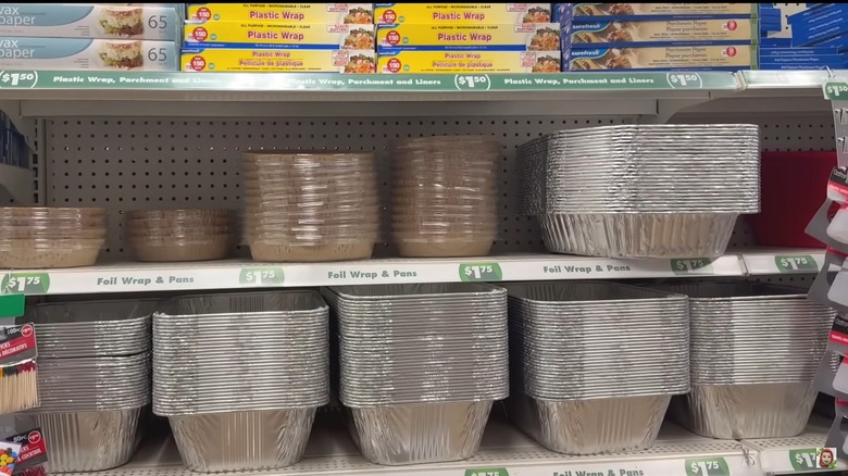 Dollar Tree foil pan collection on a shelf at a store