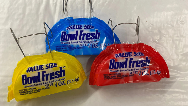 Assorted value size Dollar Tree toilet deodorizers on a white background