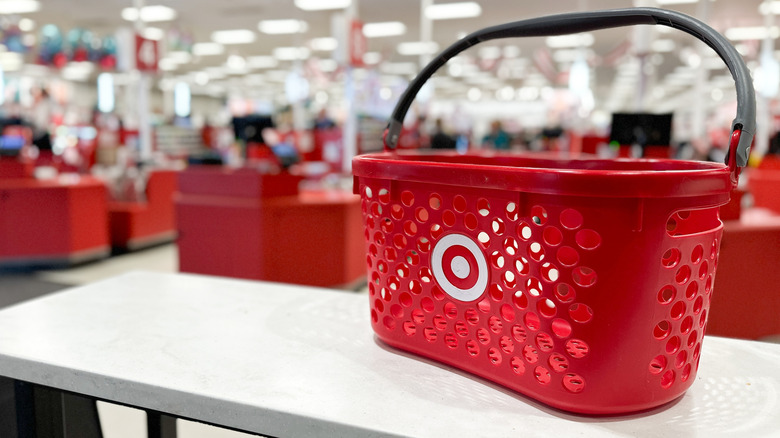 A branded shopping basket near the checkout at a Target store
