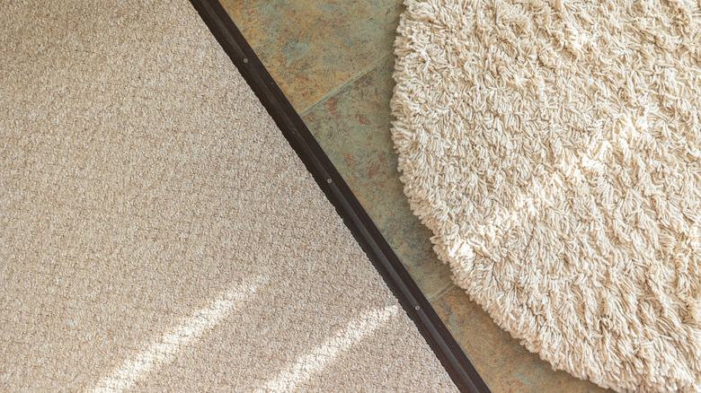 Close up of a transition strip marking the join between wood floor and carpet