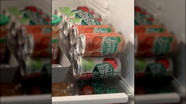 Cans of sparkling water rest in a storage organizer.