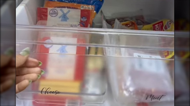 A clip on plastic fridge drawer holds meats and cheeses.