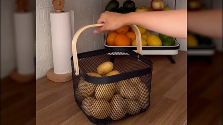 Person holds potatoes in metal basket.