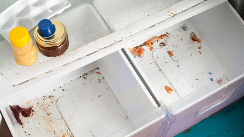 Fridge drawers with stains and food particles.