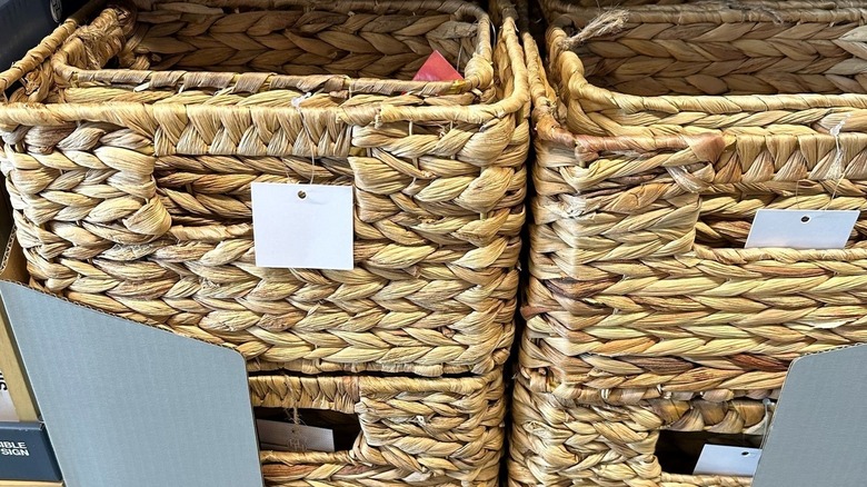 Woven storage baskets in Aldi store