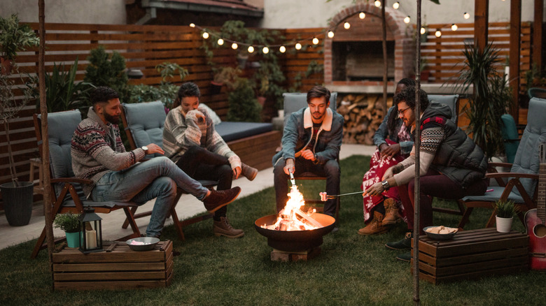 Friends relaxing in the garden around a fire pit