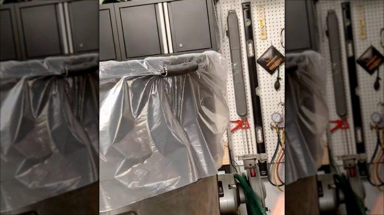 Garbage can bag grip made from old hose