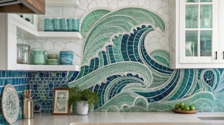 an ocean wave mosaic backsplash creates a bold statement
