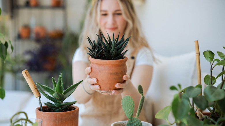 A woman holding a potted plant