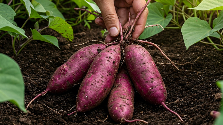 purple sweet potato freshly harvested from the garden