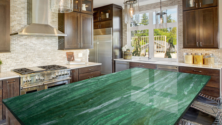 An emerald green island made from stone or epoxy